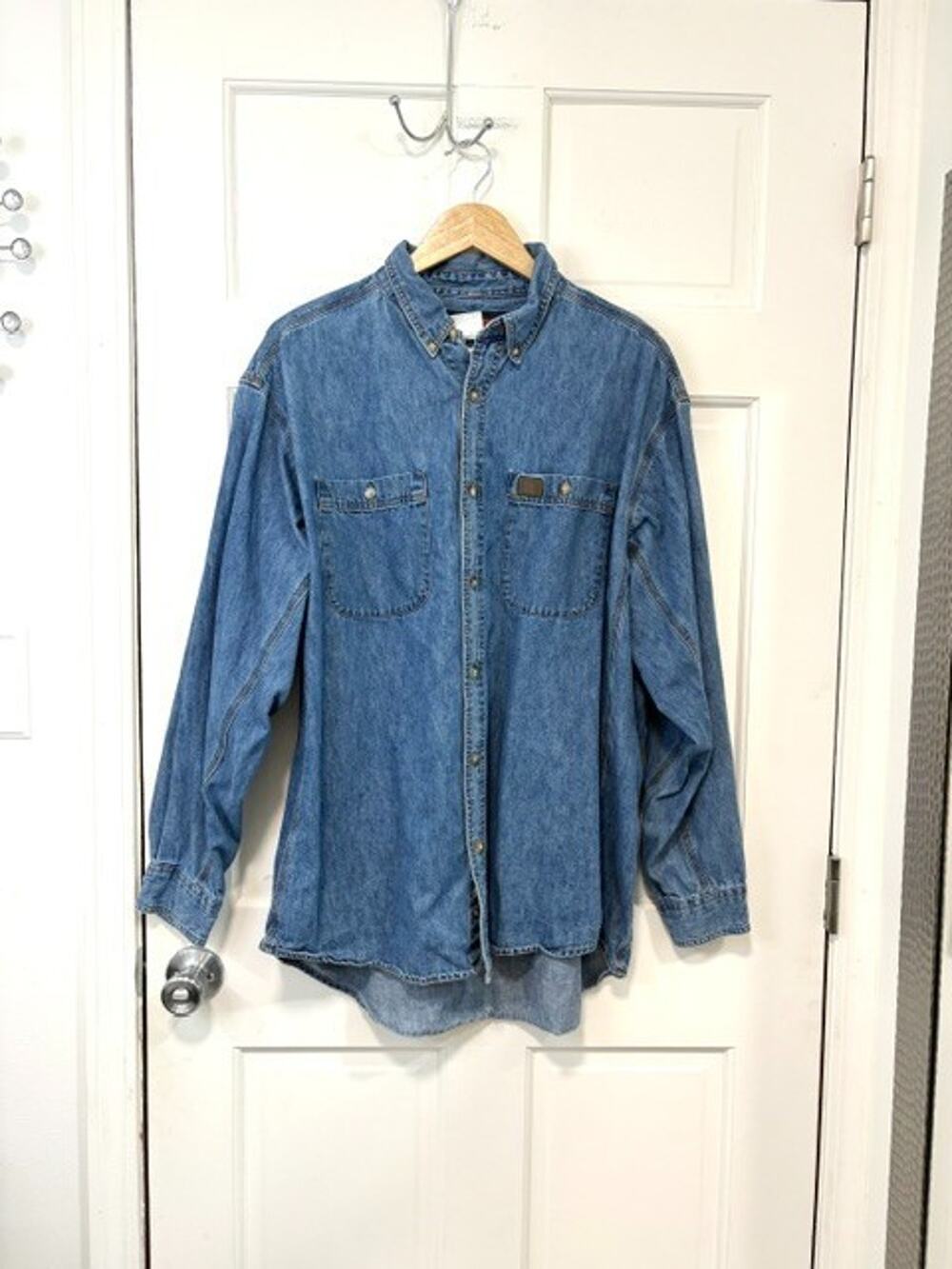 Wrangler Riggs Workwear Men's Blue Denim Shirt XXL Twin Pocket Cotton Casual